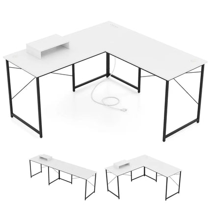 L-Shaped Computer Desk with Power Outlets and Monitor Shelf-White - White - L-Shaped Desks