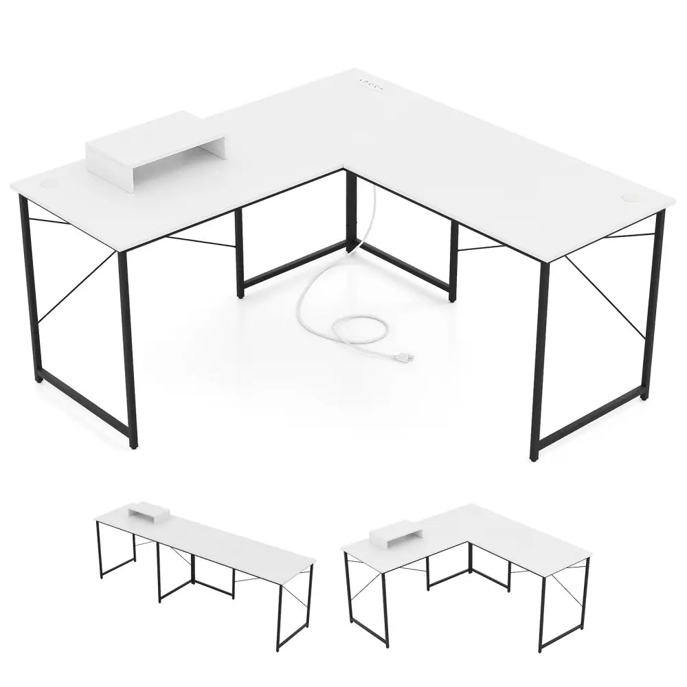 L-Shaped Computer Desk with Power Outlets and Monitor Shelf-White - White - L-Shaped Desks