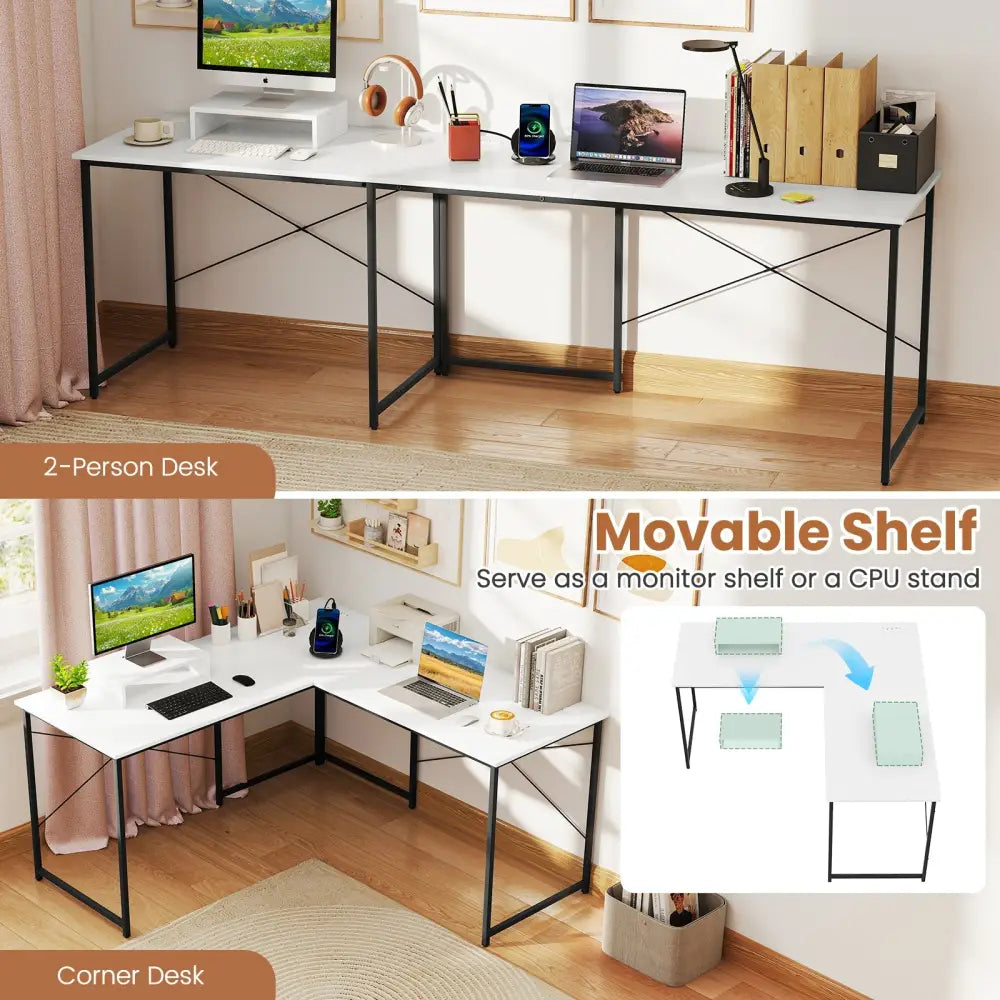 L-Shaped Computer Desk with Power Outlets and Monitor Shelf-White - White - L-Shaped Desks