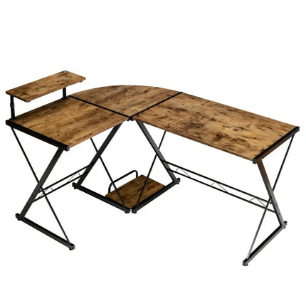 L-Shaped Computer Gaming Desk with Monitor Stand and Host Tray-Rustic Brown - Rustic Brown - L-Shaped Desks