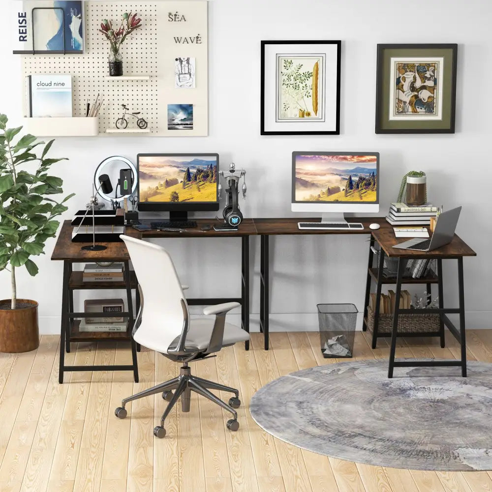 L Shaped Corner Computer Desk with Storage Shelves-Brown - Brown - L-Shaped Desks