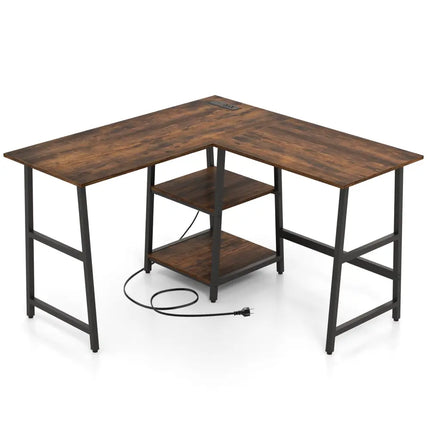 L Shaped Corner Computer Desk with Storage Shelves-Brown - Brown - L-Shaped Desks