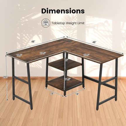 L Shaped Corner Computer Desk with Storage Shelves-Brown - Brown - L-Shaped Desks