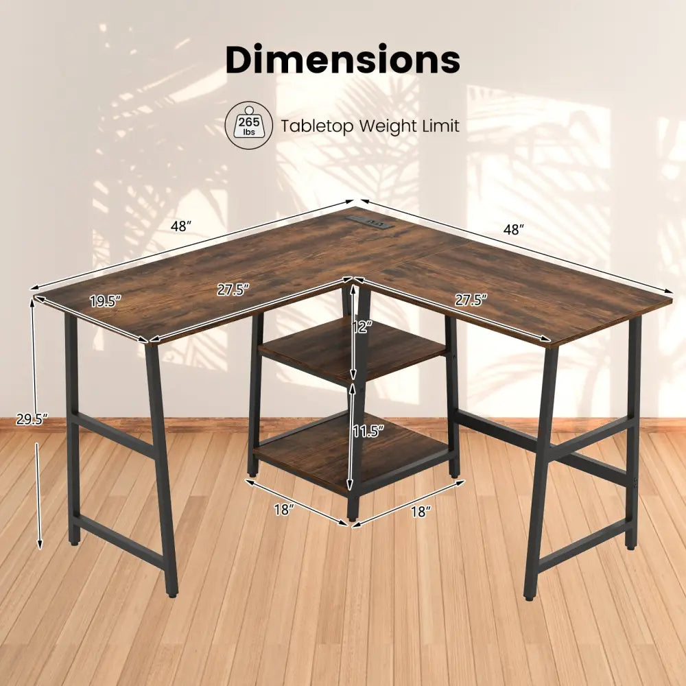 L Shaped Corner Computer Desk with Storage Shelves-Brown - Brown - L-Shaped Desks