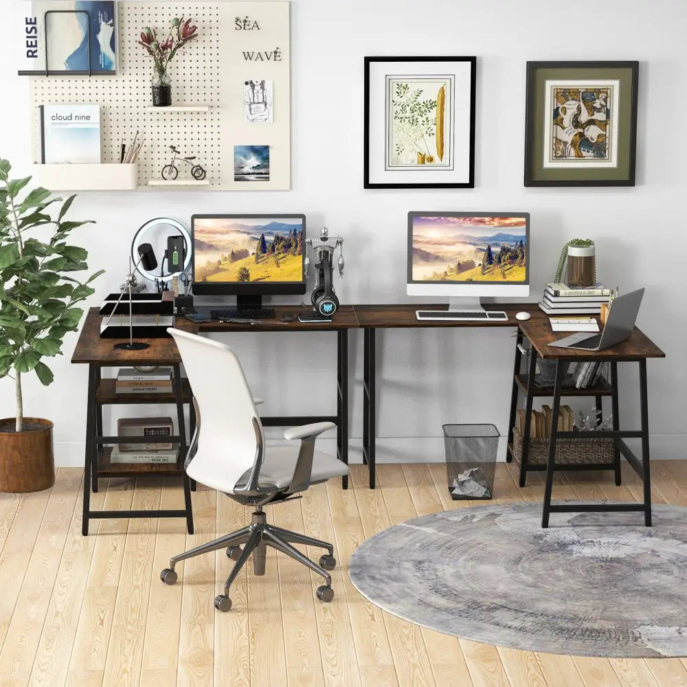 L Shaped Corner Computer Desk with Storage Shelves-Brown - Brown - L-Shaped Desks