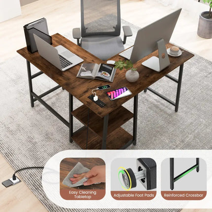 L Shaped Corner Computer Desk with Storage Shelves-Brown - Brown - L-Shaped Desks