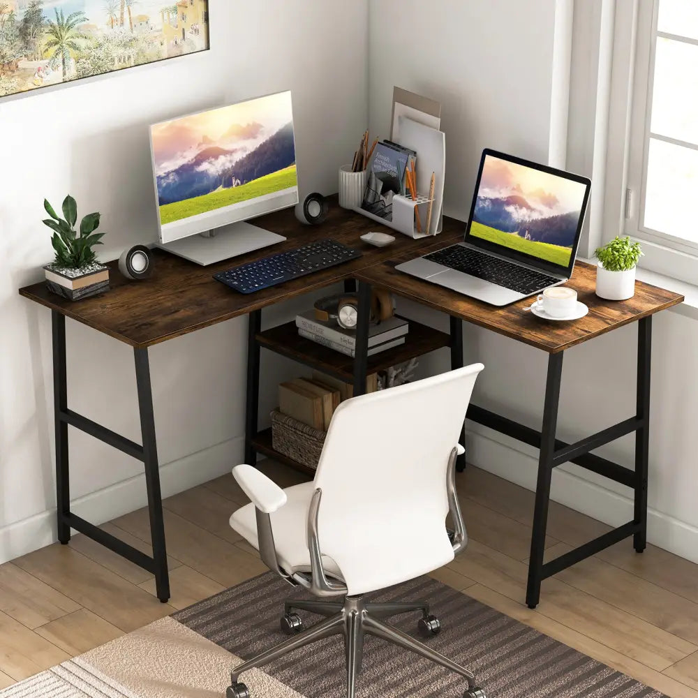 L Shaped Corner Computer Desk with Storage Shelves-Brown - Brown - L-Shaped Desks