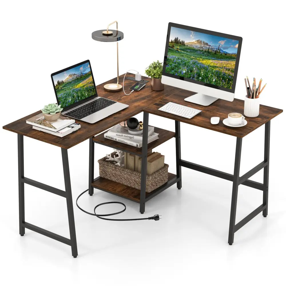 L Shaped Corner Computer Desk with Storage Shelves-Brown - Brown - L-Shaped Desks