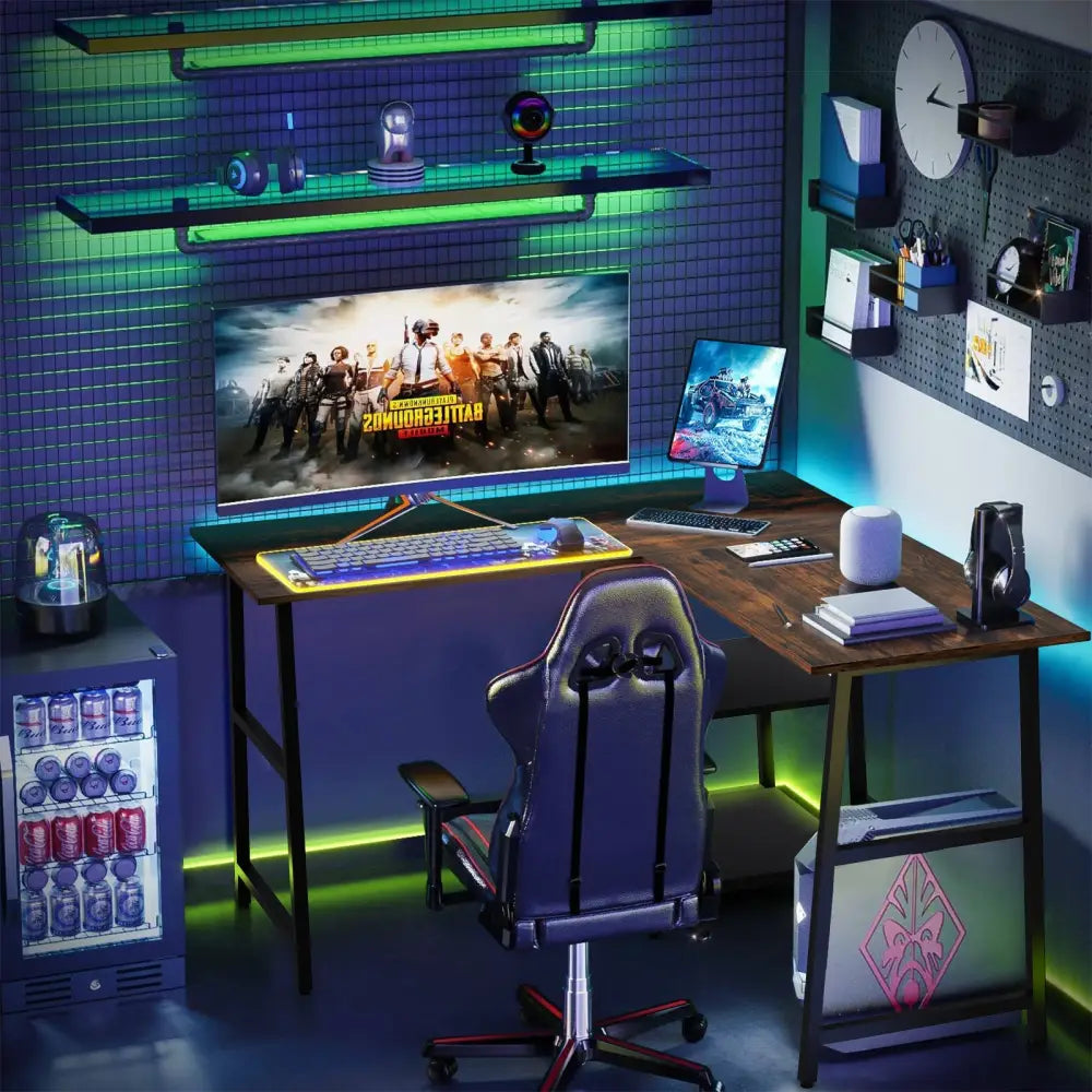 L Shaped Corner Computer Desk with Storage Shelves-Brown - Brown - L-Shaped Desks