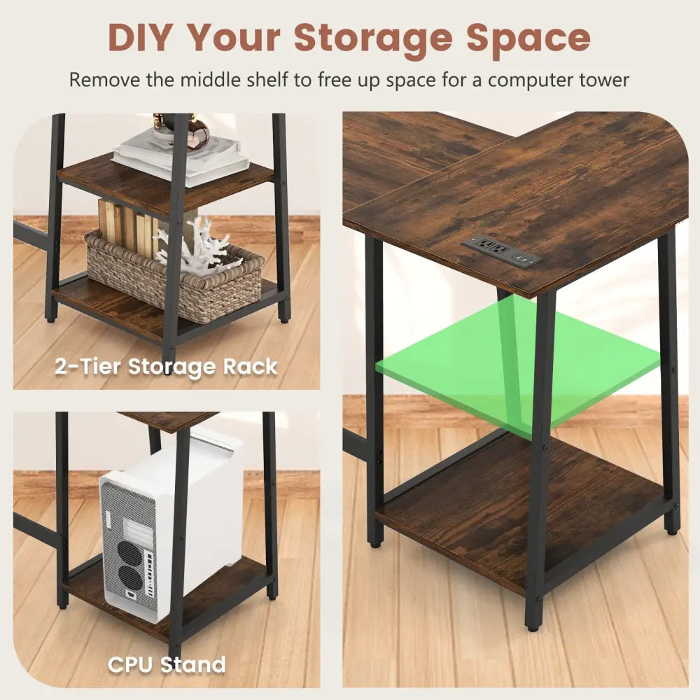 L Shaped Corner Computer Desk with Storage Shelves-Brown - Brown - L-Shaped Desks