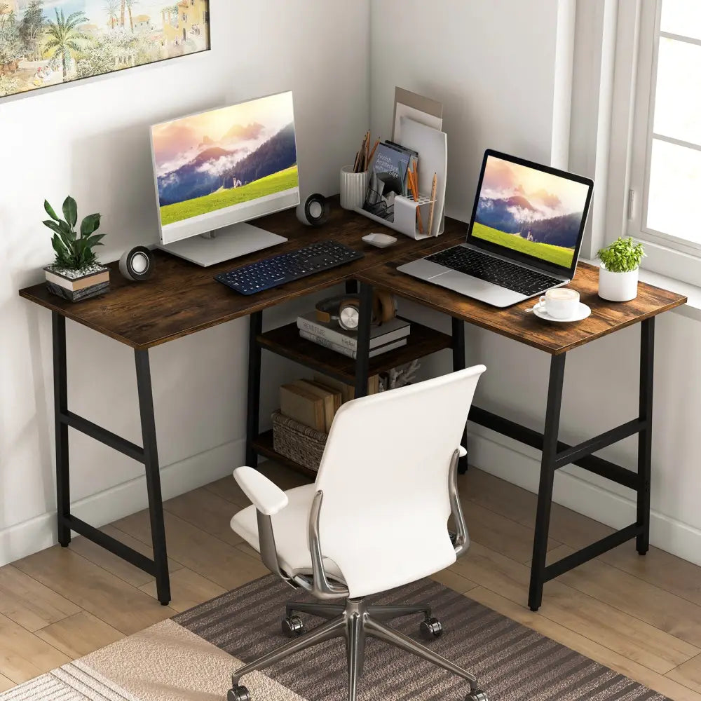 L Shaped Corner Computer Desk with Storage Shelves-Brown - Brown - L-Shaped Desks