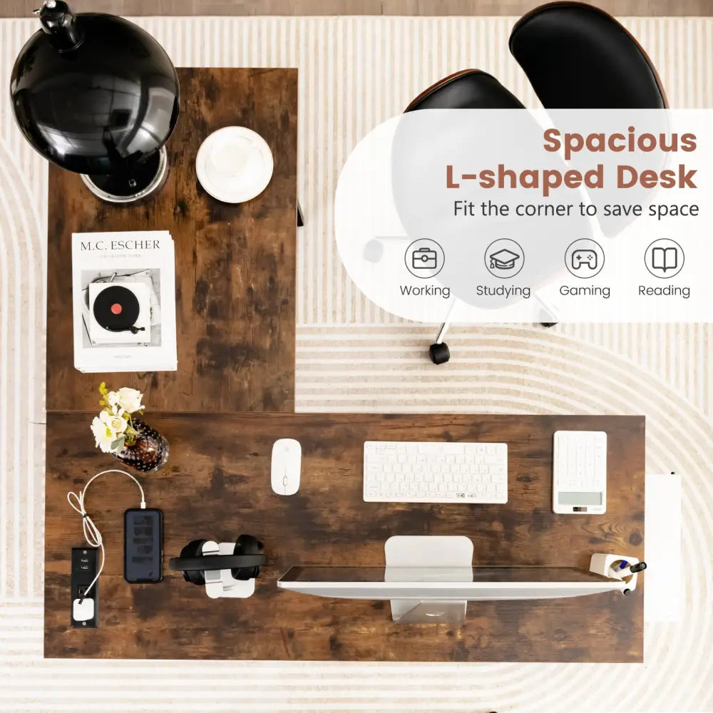 L Shaped Corner Computer Desk with Storage Shelves-Brown - Brown - L-Shaped Desks
