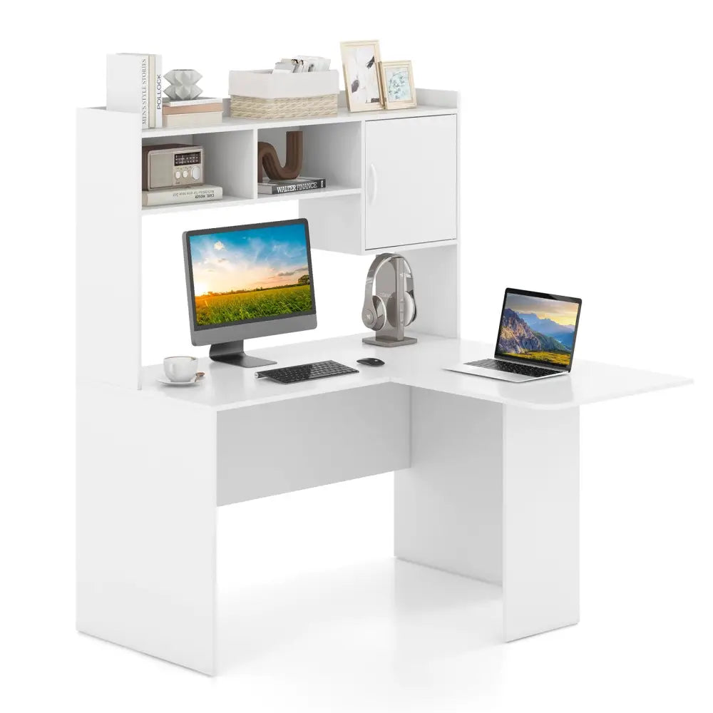L-Shaped Desk Corner Computer Desk with Open Storage Hutch and Cabinet-White - White - Computer Desks