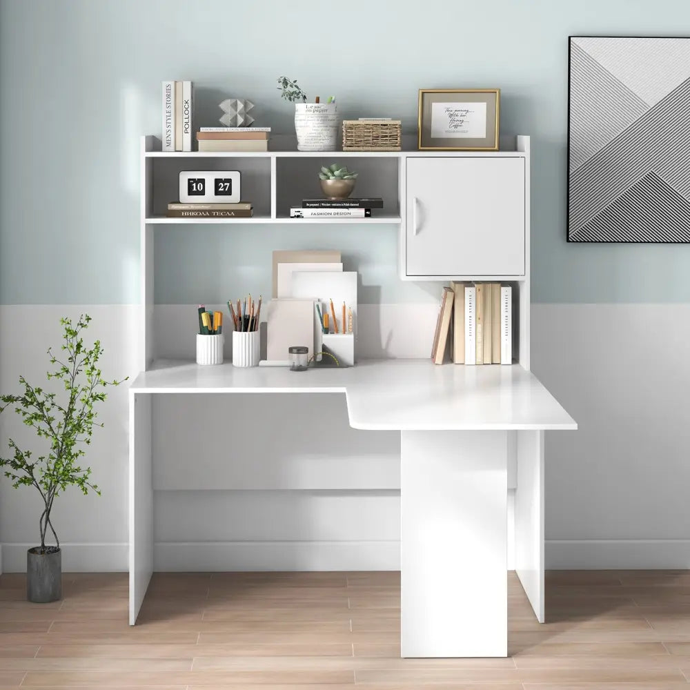 L-Shaped Desk Corner Computer Desk with Open Storage Hutch and Cabinet-White - White - Computer Desks