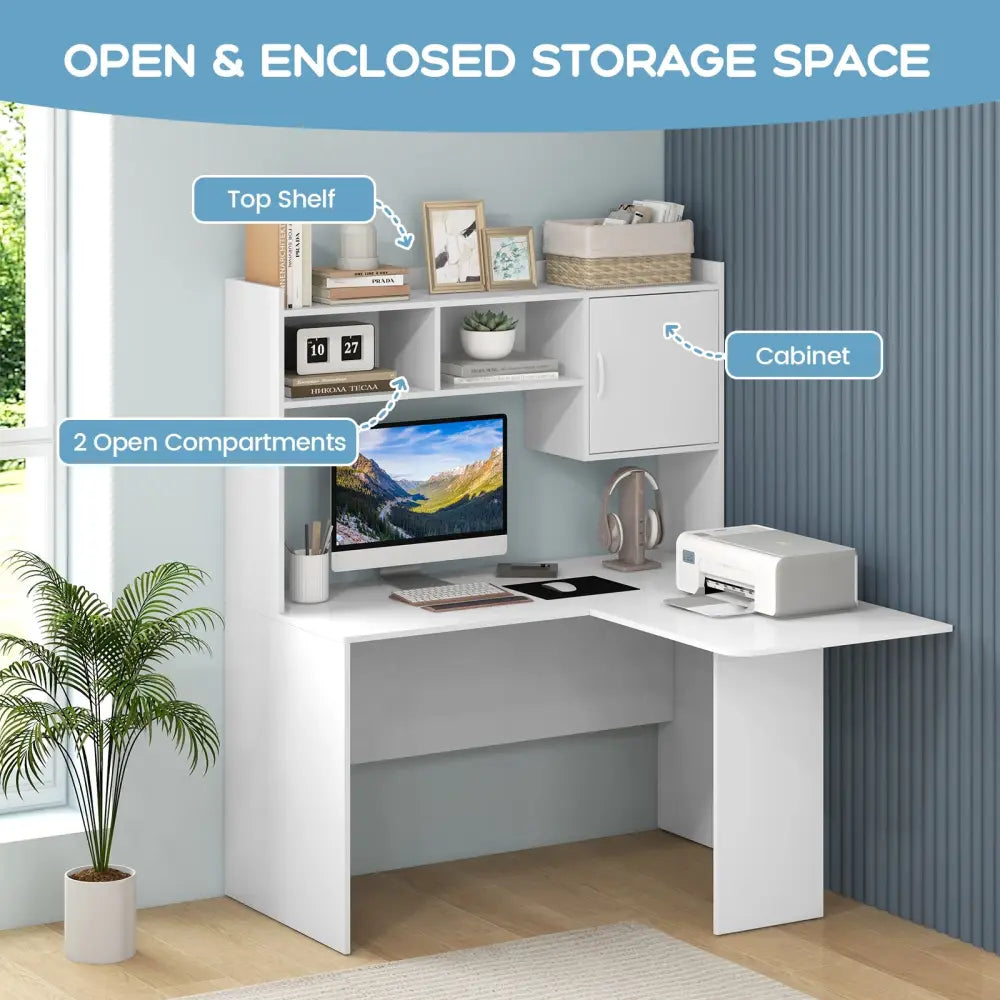 L-Shaped Desk Corner Computer Desk with Open Storage Hutch and Cabinet-White - White - Computer Desks