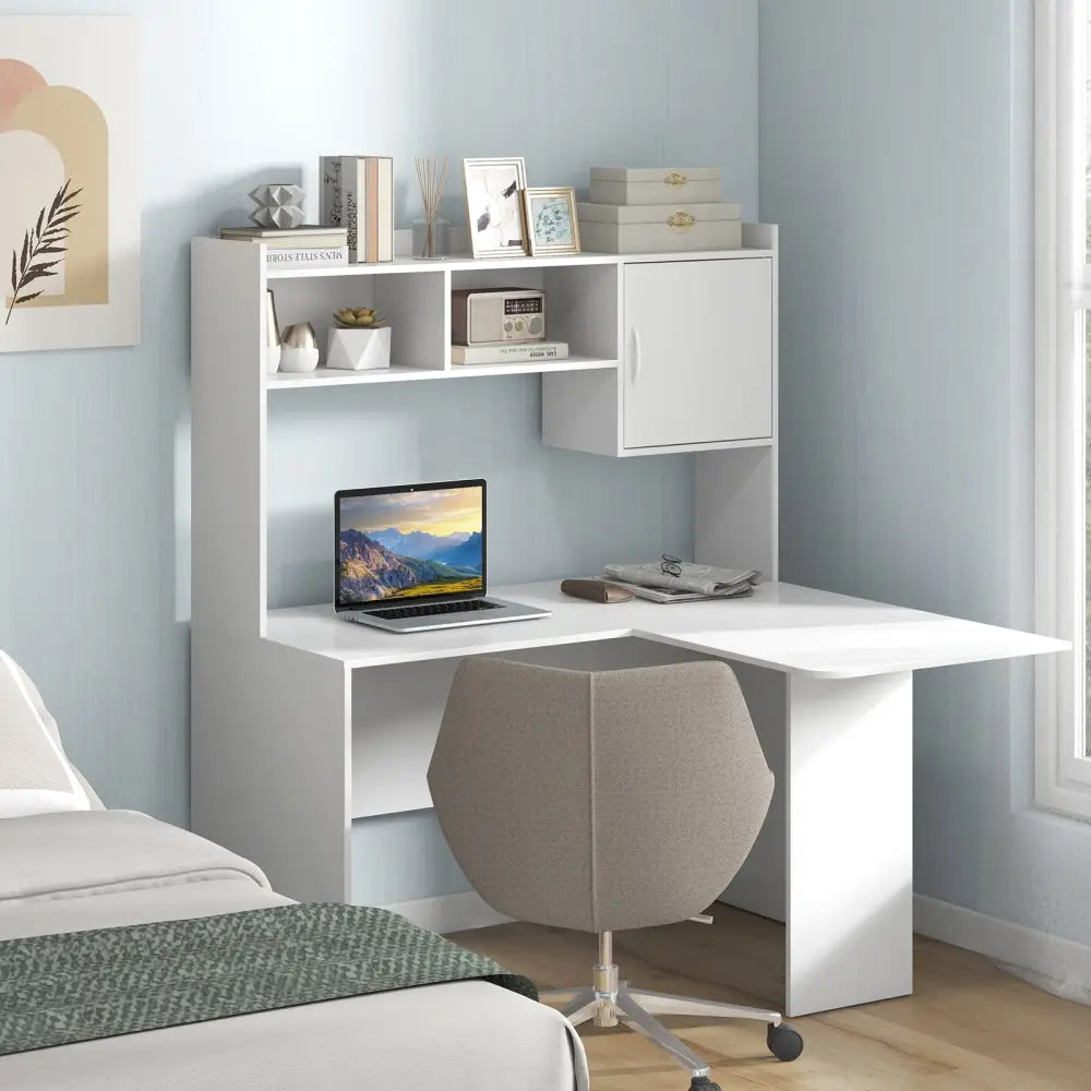 L-Shaped Desk Corner Computer Desk with Open Storage Hutch and Cabinet-White - White - Computer Desks