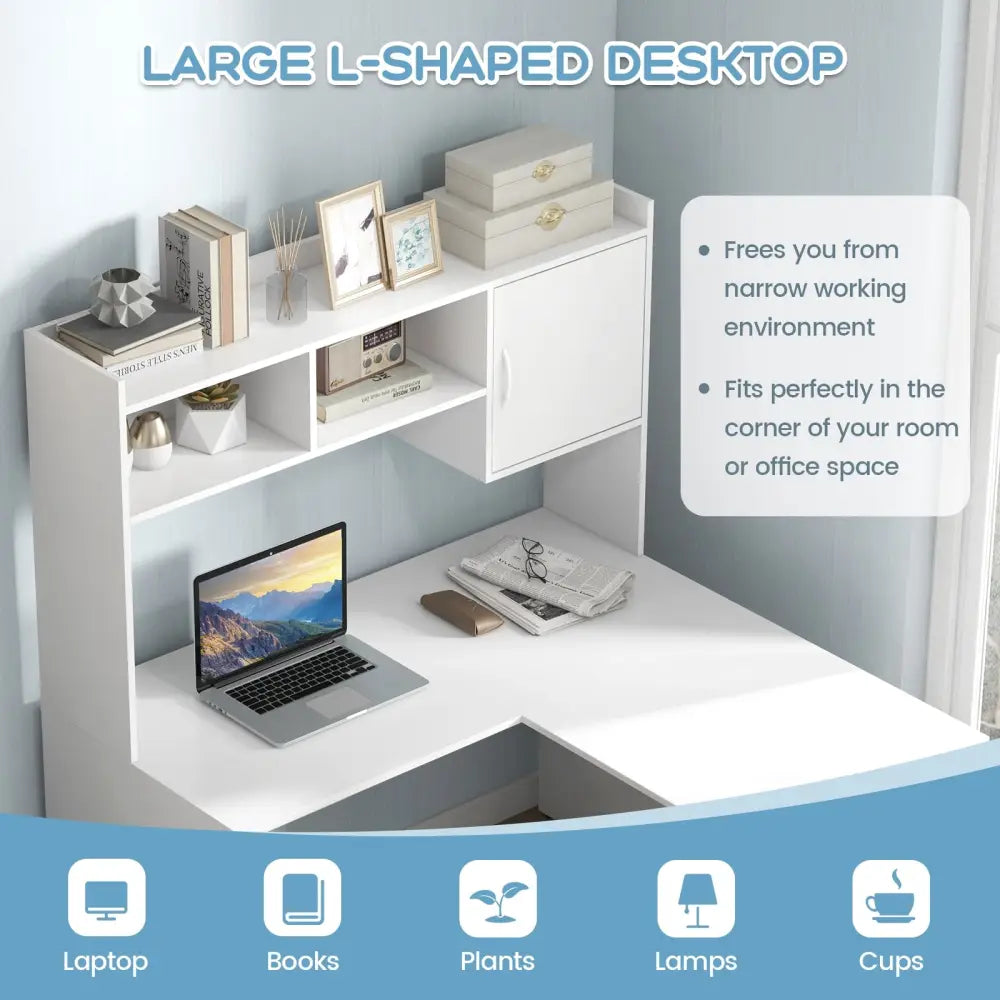 L-Shaped Desk Corner Computer Desk with Open Storage Hutch and Cabinet-White - White - Computer Desks