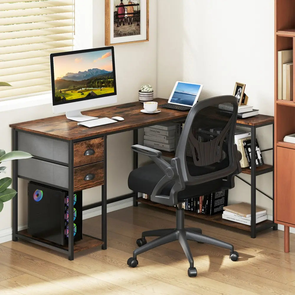 L Shaped Desk with Charging Station Corner Computer Desk with 2 Fabric Drawers-Rustic Brown - Rustic Brown - L-Shaped