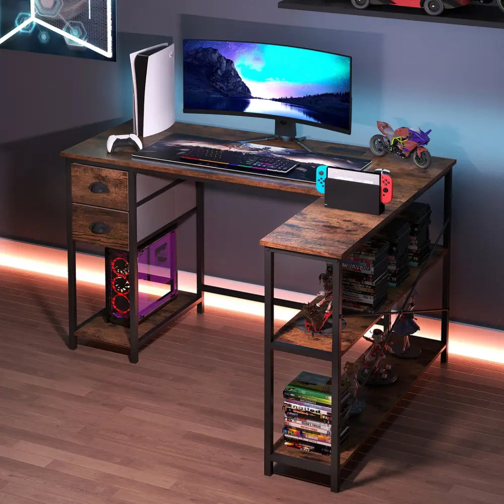 L Shaped Desk with Charging Station Corner Computer Desk with 2 Fabric Drawers-Rustic Brown - Rustic Brown - L-Shaped