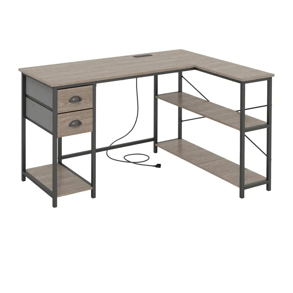 L Shaped Desk with Charging Station Corner Computer Desk with 2 Fabric Drawers-Oak - Oak - L-Shaped Desks