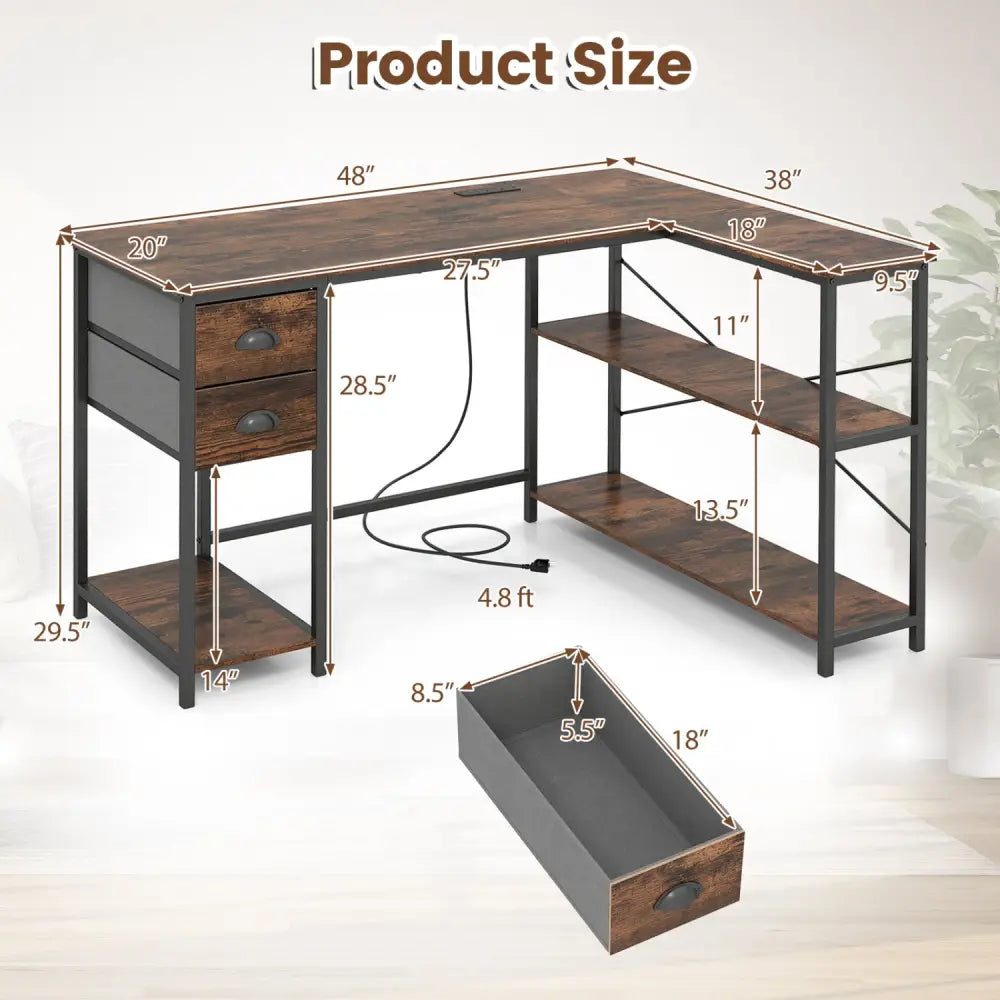 L Shaped Desk with Charging Station Corner Computer Desk with 2 Fabric Drawers-Rustic Brown - Rustic Brown - L-Shaped