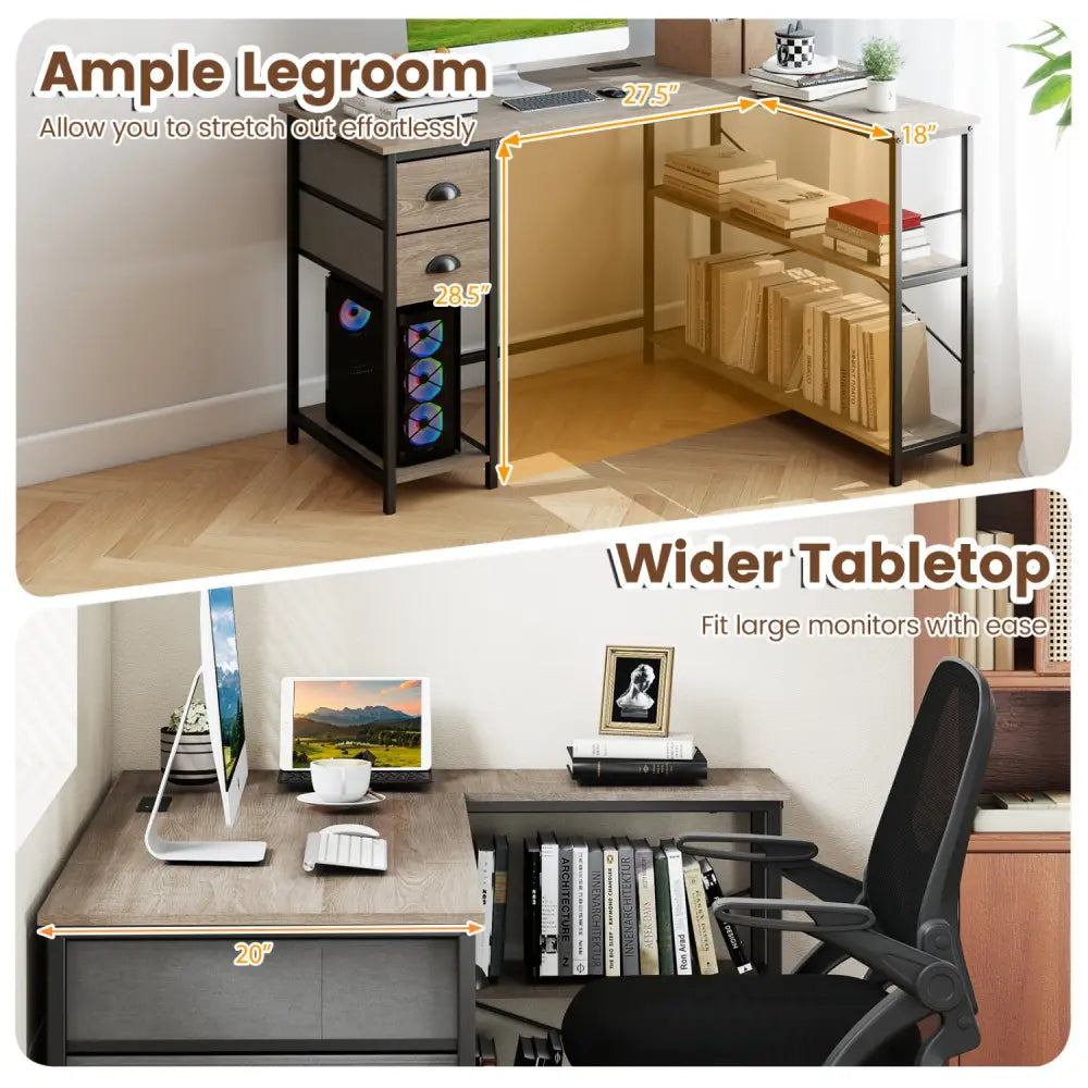 L Shaped Desk with Charging Station Corner Computer Desk with 2 Fabric Drawers-Oak - Oak - L-Shaped Desks