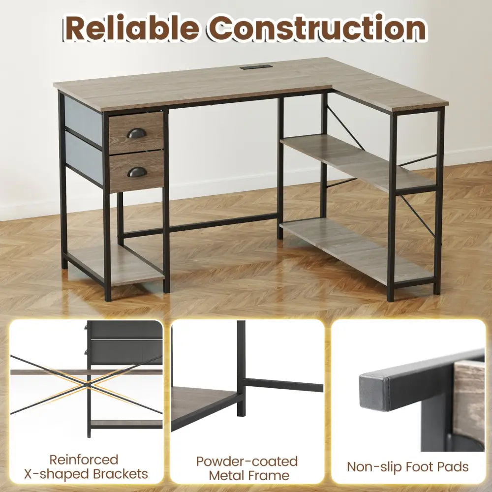 L Shaped Desk with Charging Station Corner Computer Desk with 2 Fabric Drawers-Oak - Oak - L-Shaped Desks