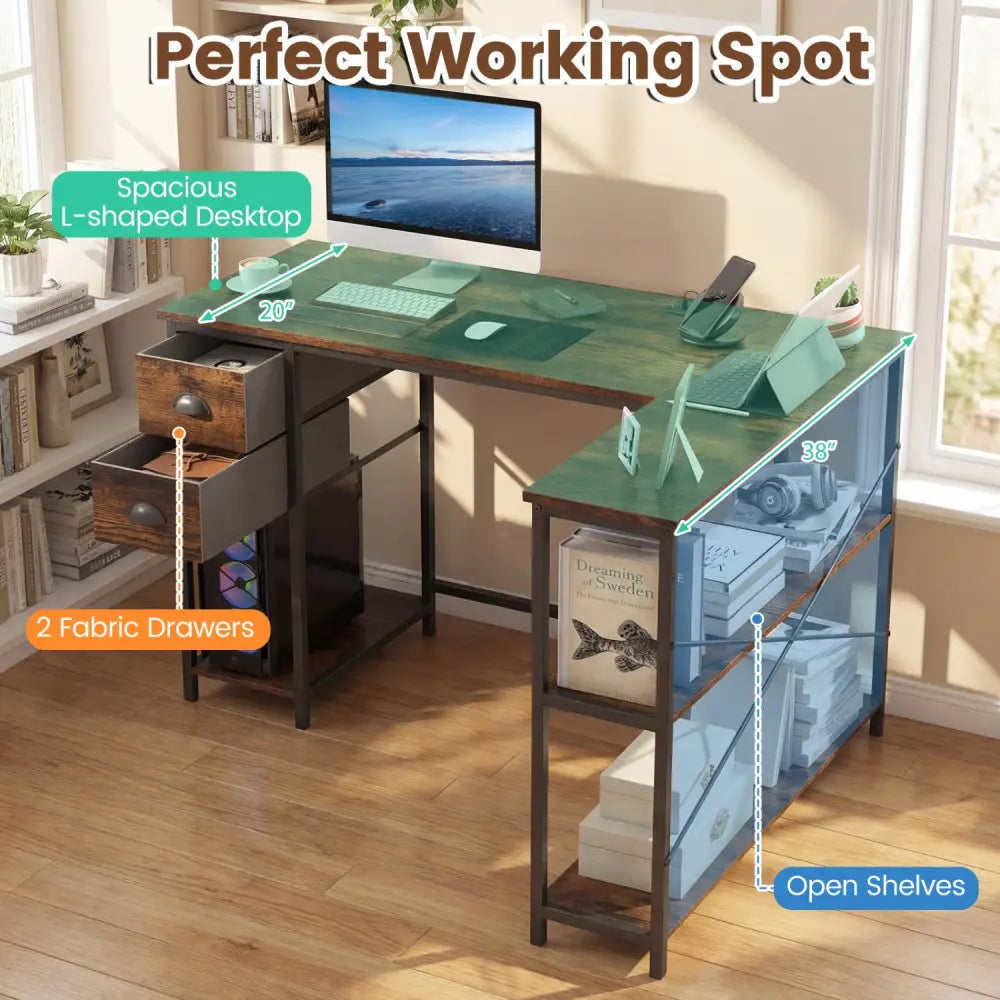 L Shaped Desk with Charging Station Corner Computer Desk with 2 Fabric Drawers-Rustic Brown - Rustic Brown - L-Shaped