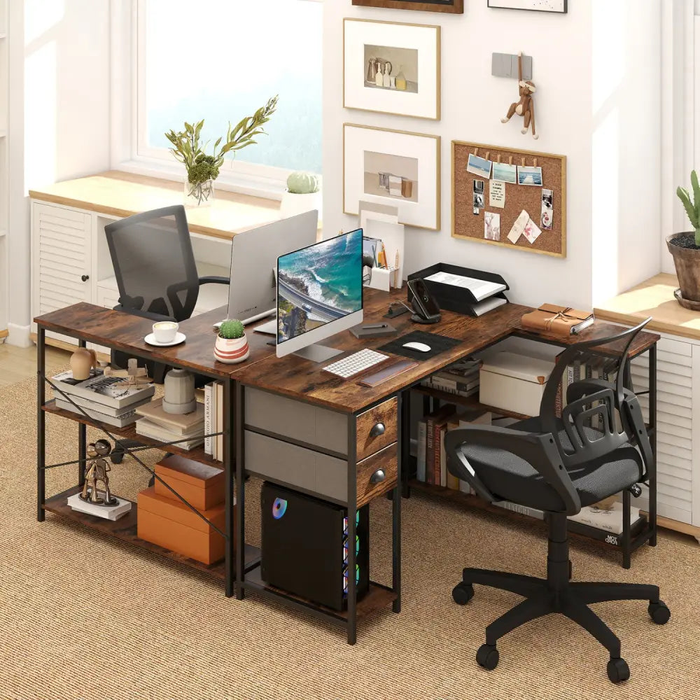 L Shaped Desk with Charging Station Corner Computer Desk with 2 Fabric Drawers-Rustic Brown - Rustic Brown - L-Shaped