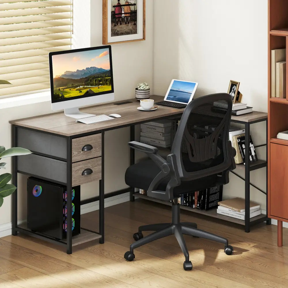 L Shaped Desk with Charging Station Corner Computer Desk with 2 Fabric Drawers-Oak - Oak - L-Shaped Desks