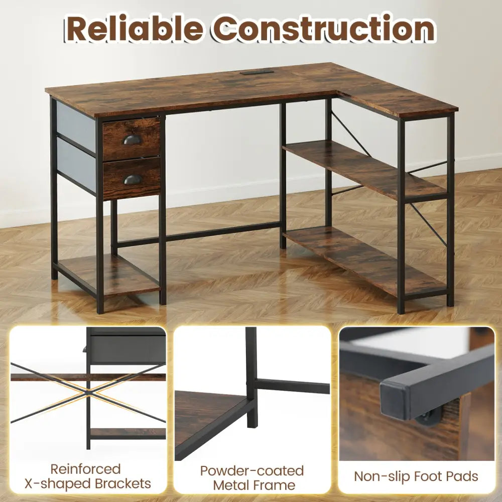 L Shaped Desk with Charging Station Corner Computer Desk with 2 Fabric Drawers-Rustic Brown - Rustic Brown - L-Shaped