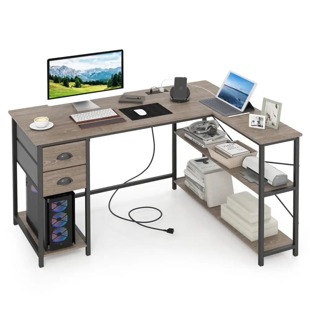 L Shaped Desk with Charging Station Corner Computer Desk with 2 Fabric Drawers-Oak - Oak - L-Shaped Desks