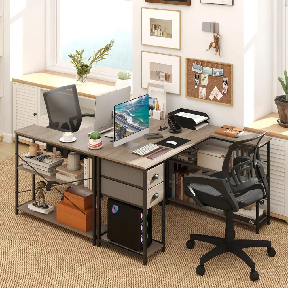 L Shaped Desk with Charging Station Corner Computer Desk with 2 Fabric Drawers-Oak - Oak - L-Shaped Desks