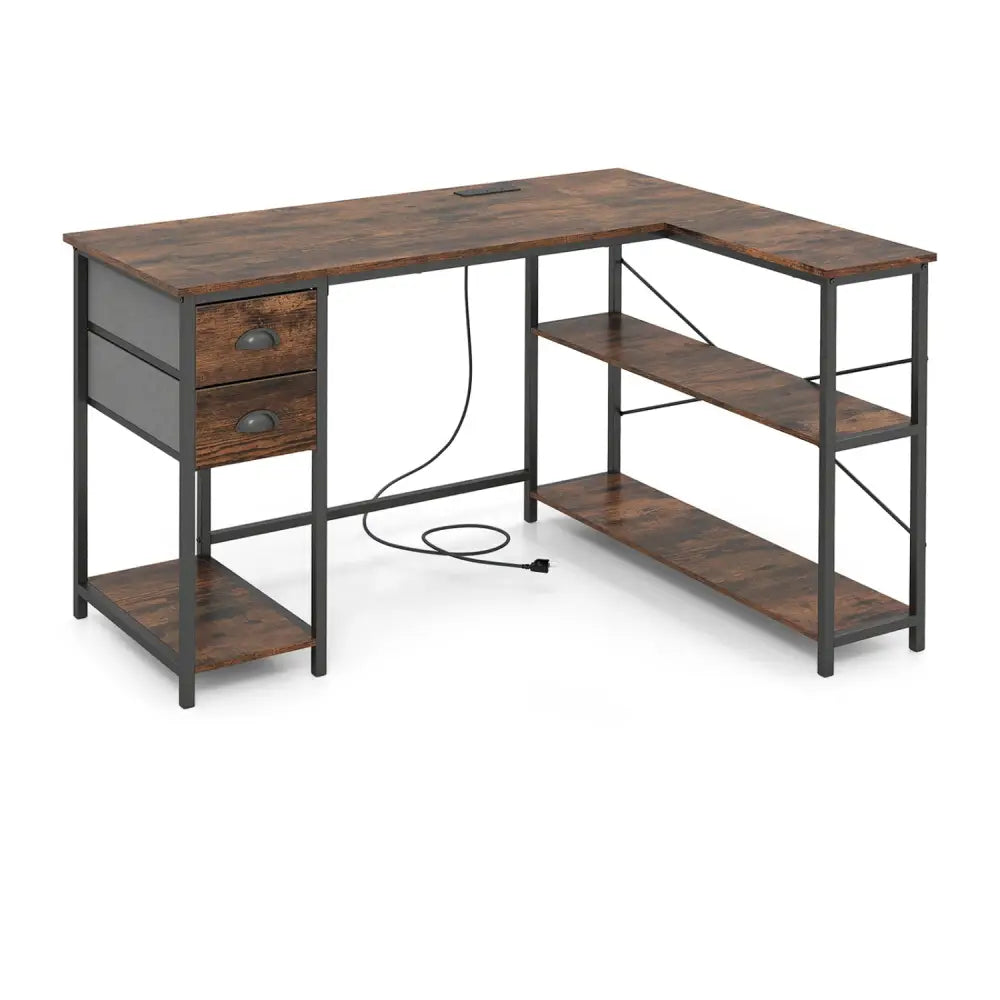 L Shaped Desk with Charging Station Corner Computer Desk with 2 Fabric Drawers-Rustic Brown - Rustic Brown - L-Shaped
