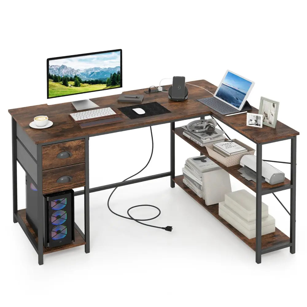 L Shaped Desk with Charging Station Corner Computer Desk with 2 Fabric Drawers-Rustic Brown - Rustic Brown - L-Shaped