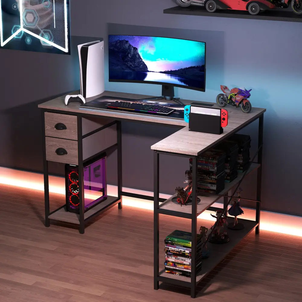 L Shaped Desk with Charging Station Corner Computer Desk with 2 Fabric Drawers-Oak - Oak - L-Shaped Desks