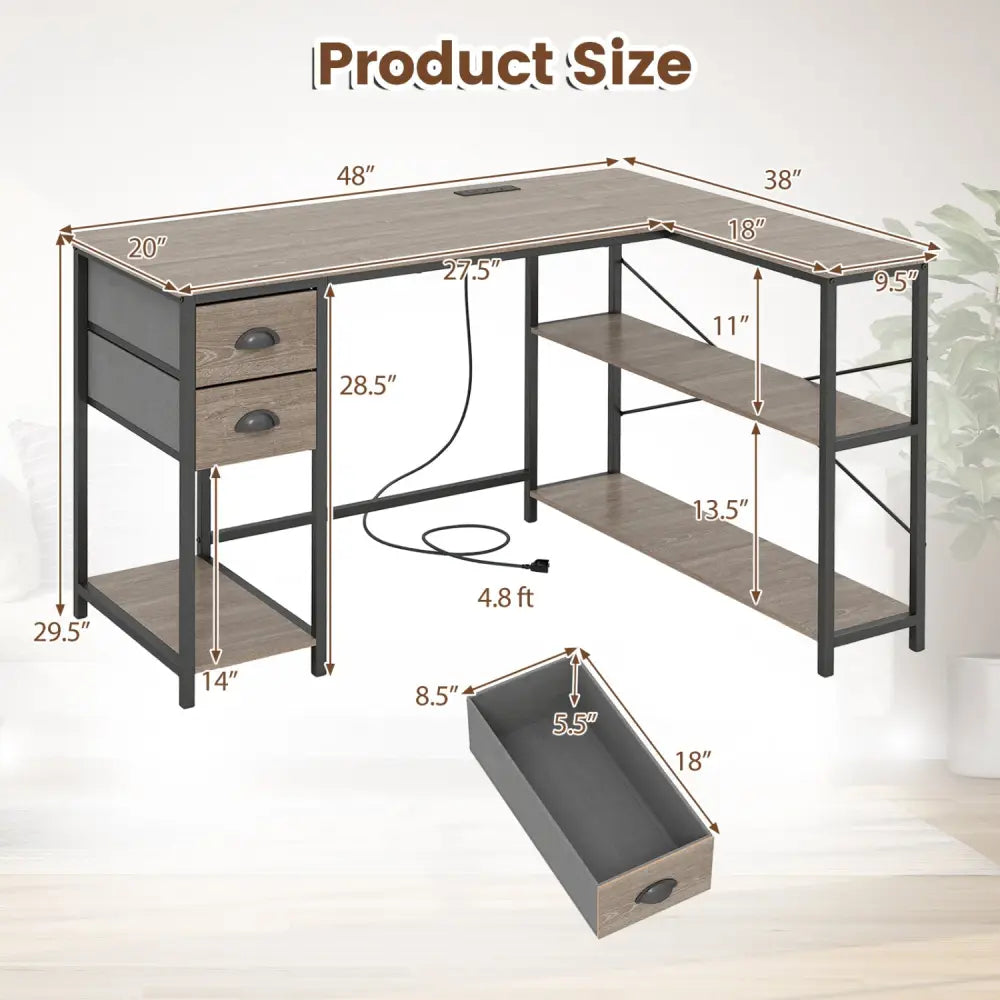 L Shaped Desk with Charging Station Corner Computer Desk with 2 Fabric Drawers-Oak - Oak - L-Shaped Desks