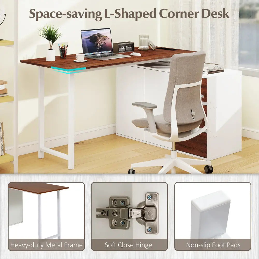 L-Shaped Desk with File Cabinet and Power Outlet Reversible Corner Computer Desk-White - White - L-Shaped Desks