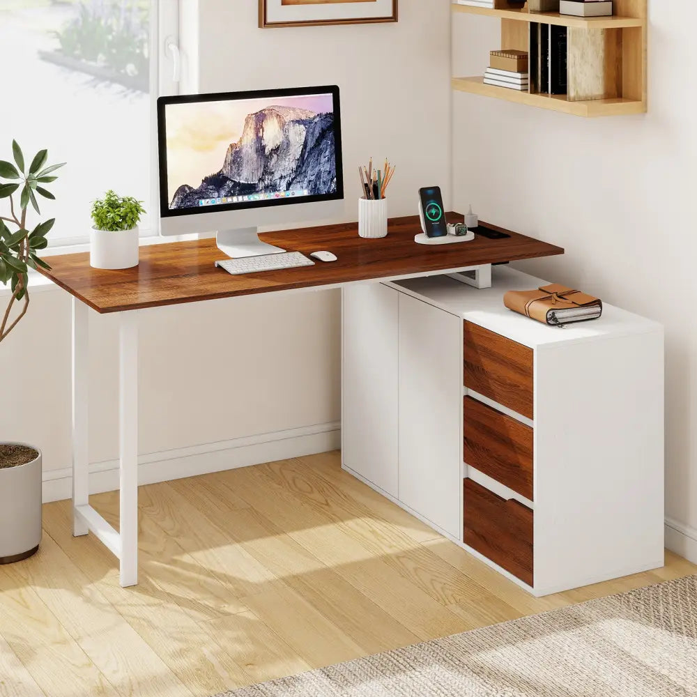 L-Shaped Desk with File Cabinet and Power Outlet Reversible Corner Computer Desk-White - White - L-Shaped Desks