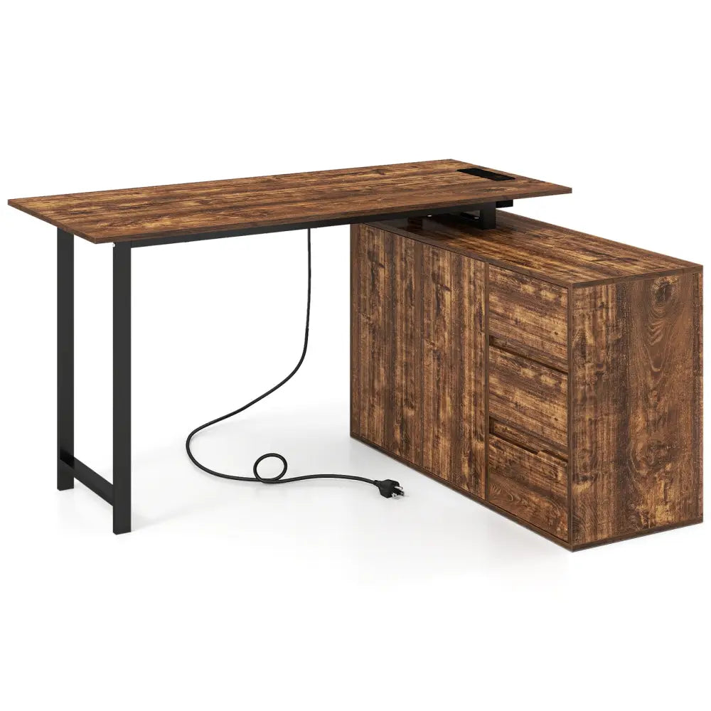 L-Shaped Desk with File Cabinet and Power Outlet Reversible Corner Computer Desk-Rustic Brown - Rustic Brown - L-Shaped