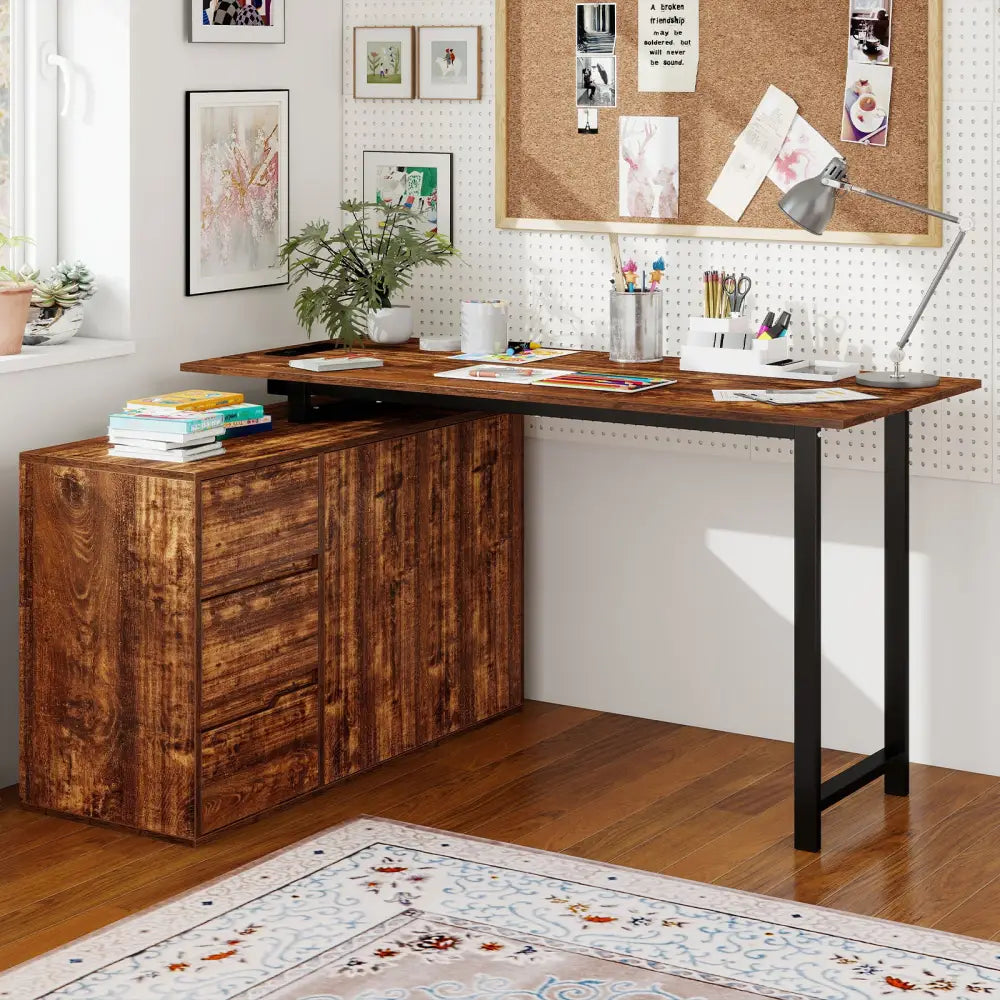 L-Shaped Desk with File Cabinet and Power Outlet Reversible Corner Computer Desk-Rustic Brown - Rustic Brown - L-Shaped