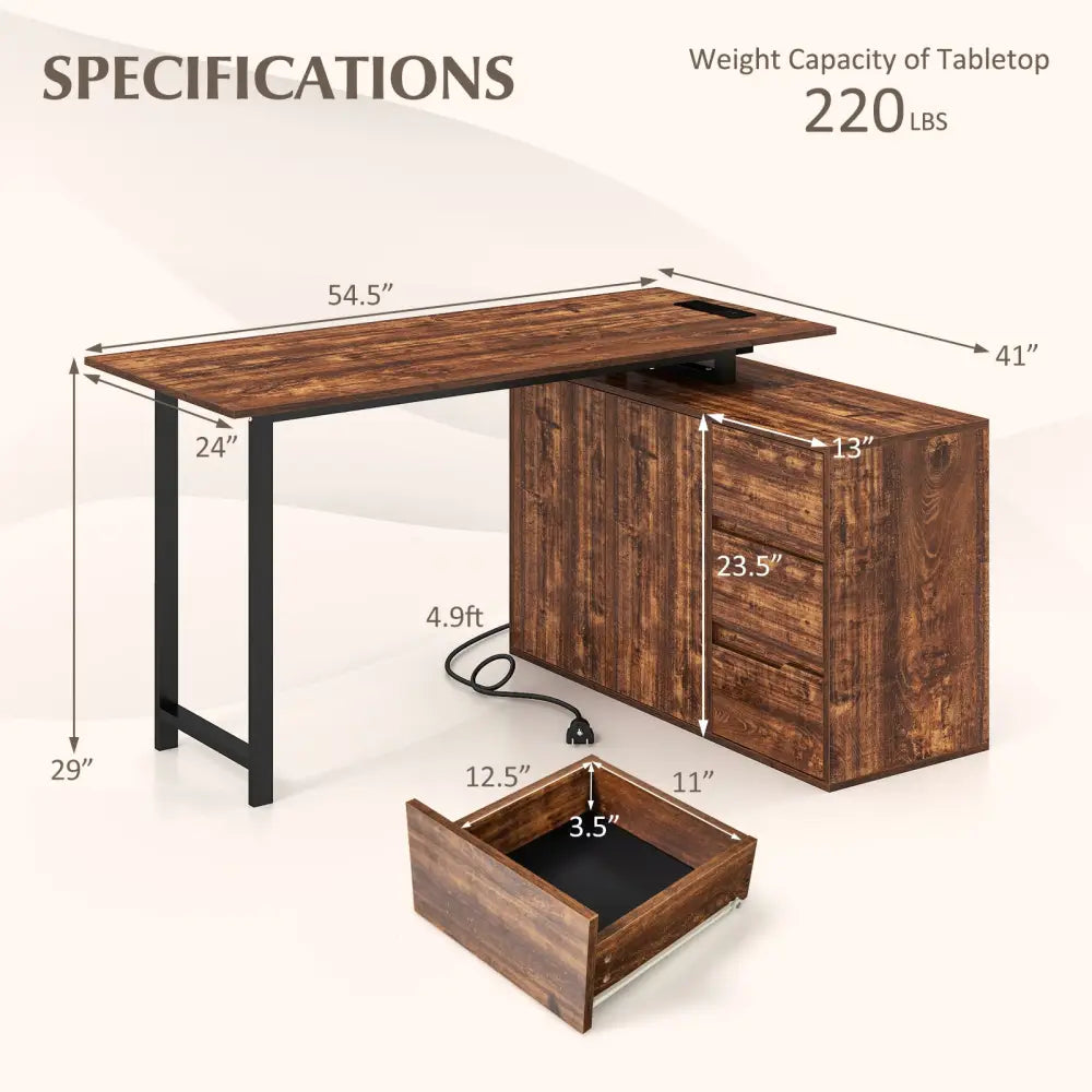 L-Shaped Desk with File Cabinet and Power Outlet Reversible Corner Computer Desk-Rustic Brown - Rustic Brown - L-Shaped