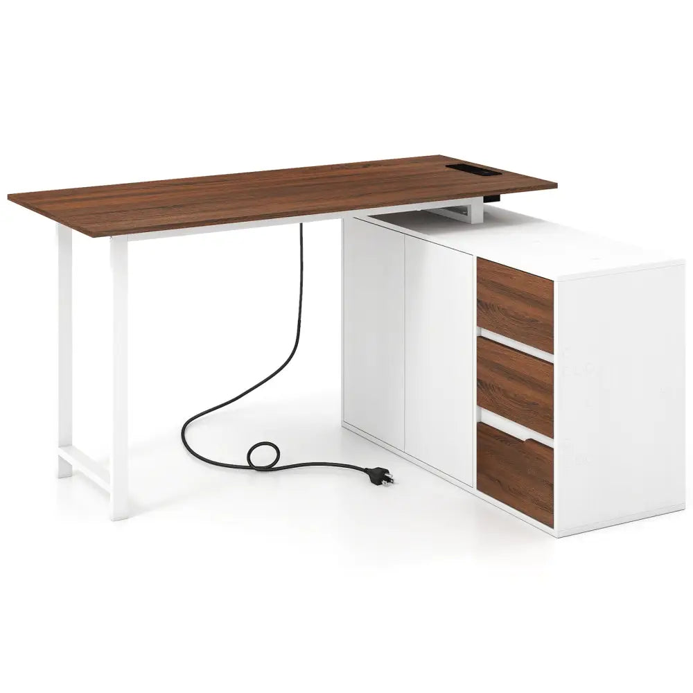 L-Shaped Desk with File Cabinet and Power Outlet Reversible Corner Computer Desk-White - White - L-Shaped Desks