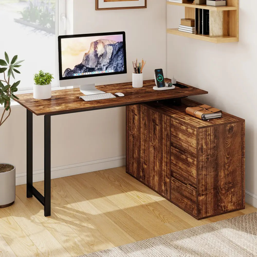 L-Shaped Desk with File Cabinet and Power Outlet Reversible Corner Computer Desk-Rustic Brown - Rustic Brown - L-Shaped