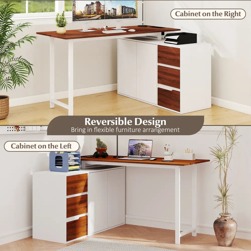 L-Shaped Desk with File Cabinet and Power Outlet Reversible Corner Computer Desk-White - White - L-Shaped Desks
