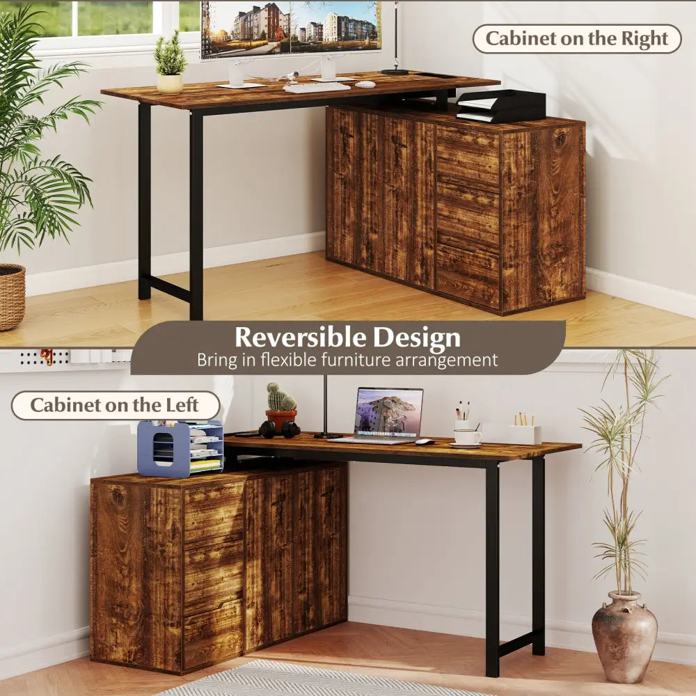 L-Shaped Desk with File Cabinet and Power Outlet Reversible Corner Computer Desk-Rustic Brown - Rustic Brown - L-Shaped