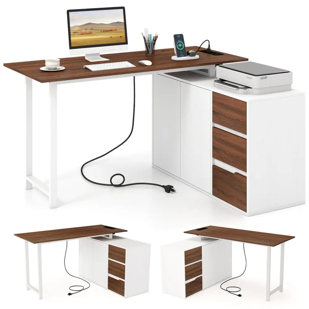 L-Shaped Desk with File Cabinet and Power Outlet Reversible Corner Computer Desk-White - White - L-Shaped Desks