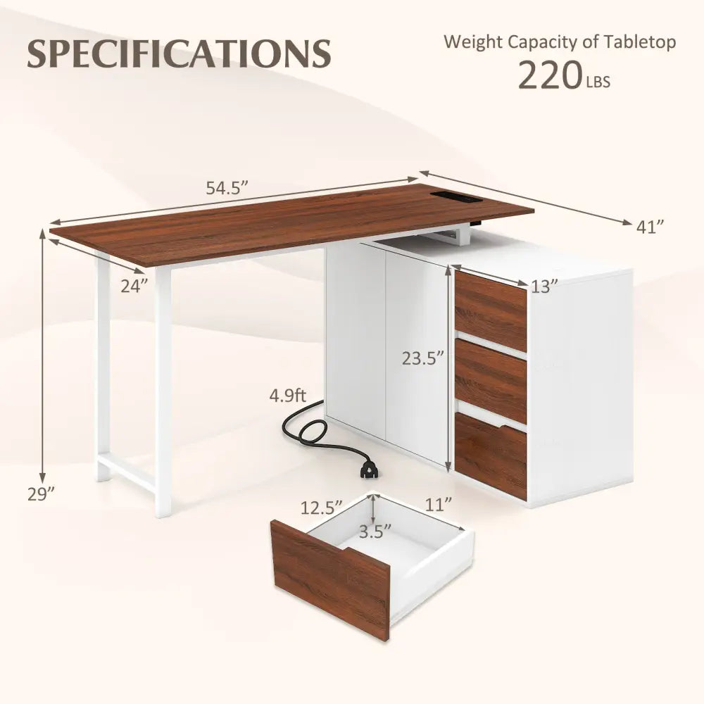 L-Shaped Desk with File Cabinet and Power Outlet Reversible Corner Computer Desk-White - White - L-Shaped Desks