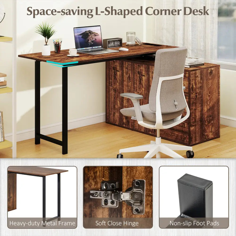 L-Shaped Desk with File Cabinet and Power Outlet Reversible Corner Computer Desk-Rustic Brown - Rustic Brown - L-Shaped