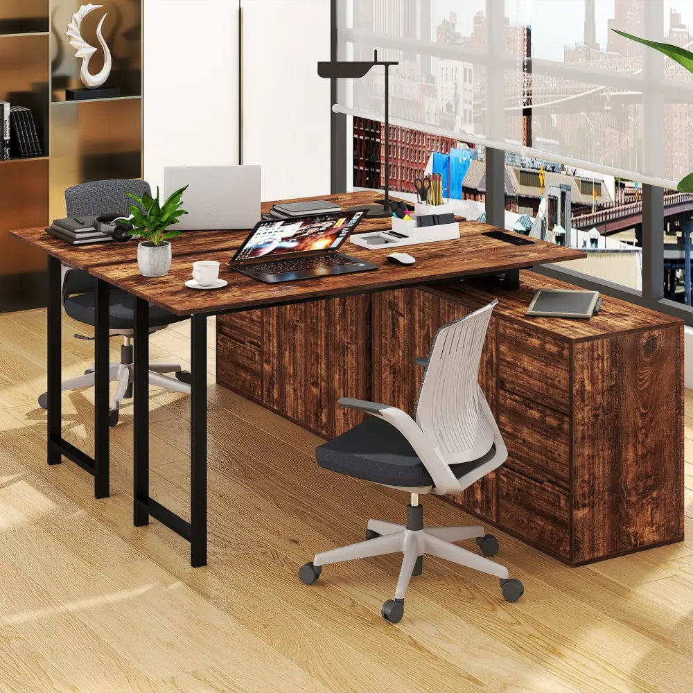 L-Shaped Desk with File Cabinet and Power Outlet Reversible Corner Computer Desk-Rustic Brown - Rustic Brown - L-Shaped
